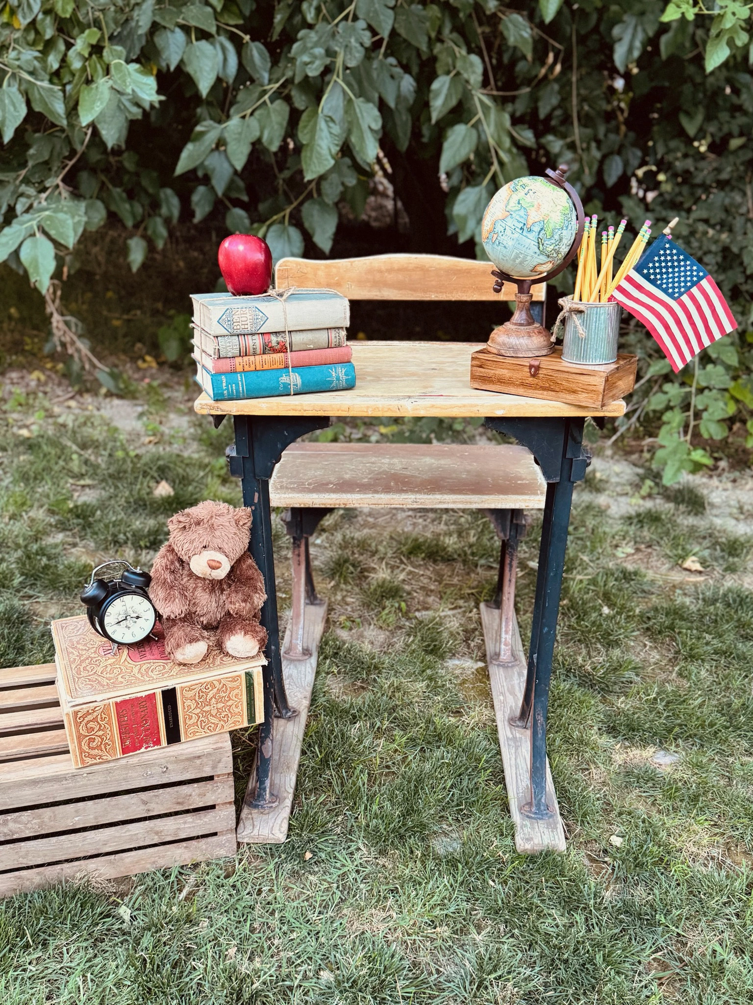 Garden wishing well with a chair